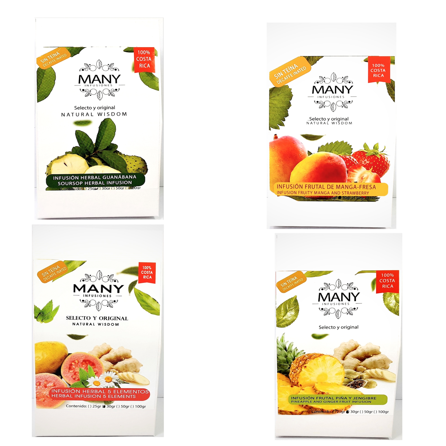 Infusiones (té) herbales surtidas 4pack (Guanábana/ Cinco Elementos/ Manga-Fresa/ Piña-Jengibre)
