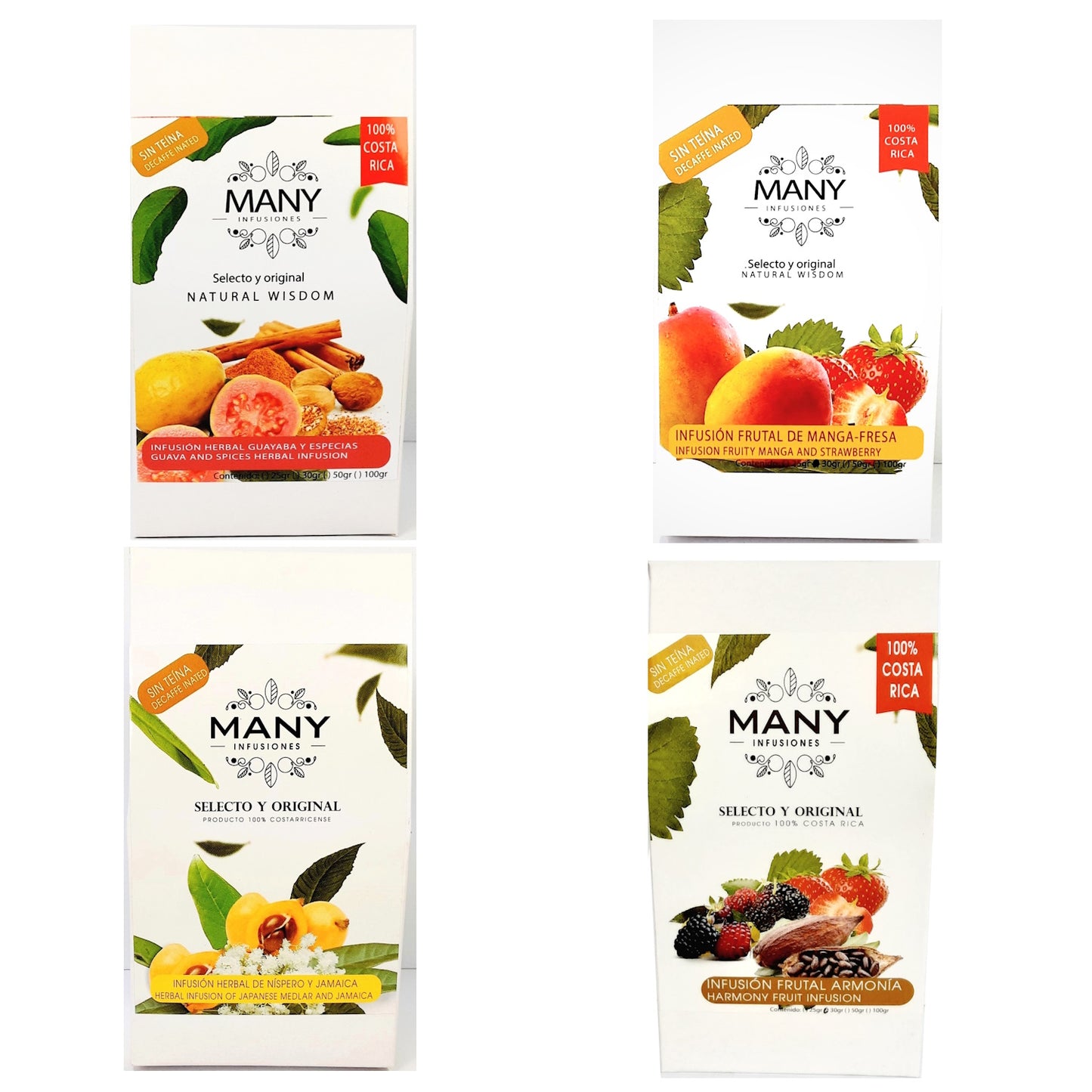 Infusiones (té) herbales surtidas 4pack (Guayaba y especias/ Manga y Fresa/ Nispero-pimienta de jamaica/ Armonia)