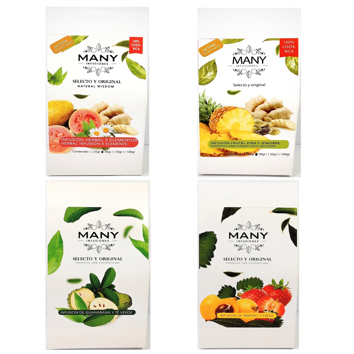 Infusiones (té) herbales surtidas 4pack (Guanábana-té verde/ Piña y Jengibre/ Cinco Elementos / Nispero y Fresa)